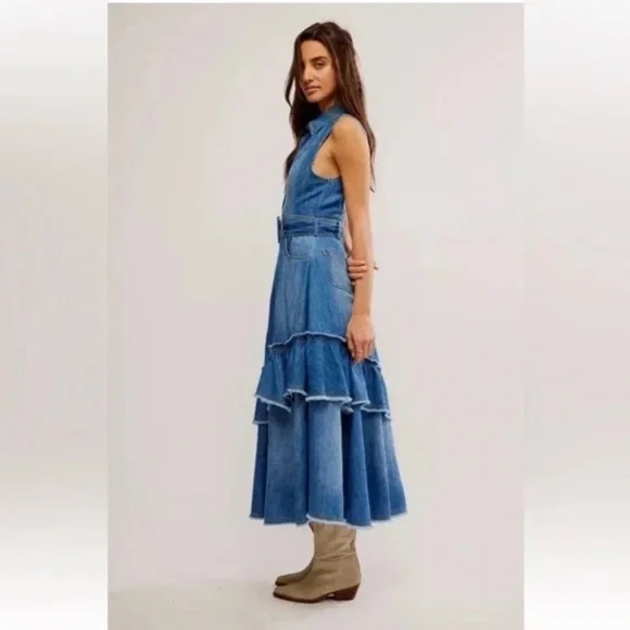 Free People Beau Midi Dress Cotton Denim sz S - Picture 6 of 8